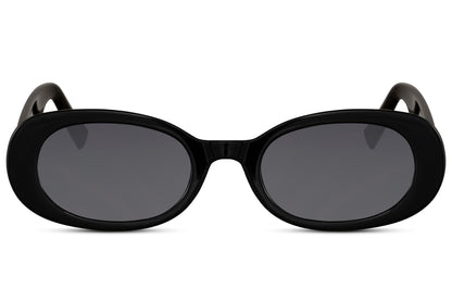Oval trendy sunglasses for women with black polycarbonate frame and smoke grey UV protection lens – bold minimalist retro round shades for everyday city wear and street style, free delivery across UK and Europe from Sunglass Station