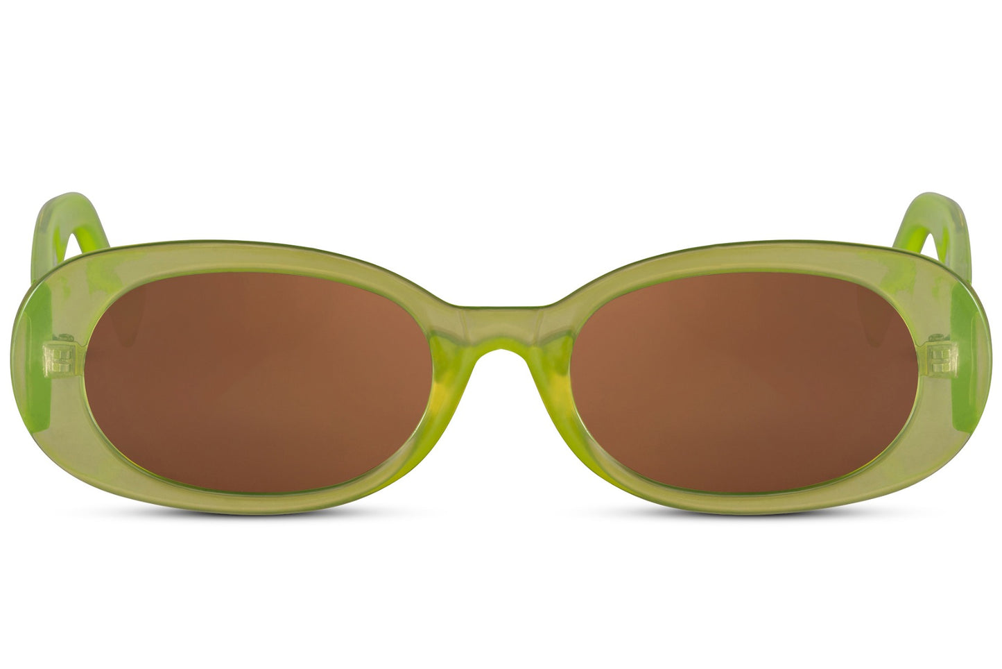 Oval trendy sunglasses for women with lime green polycarbonate frame and amber brown UV protection lens – bold retro Y2K round shades for festivals and going out, free delivery across UK and Europe from Sunglass Station
