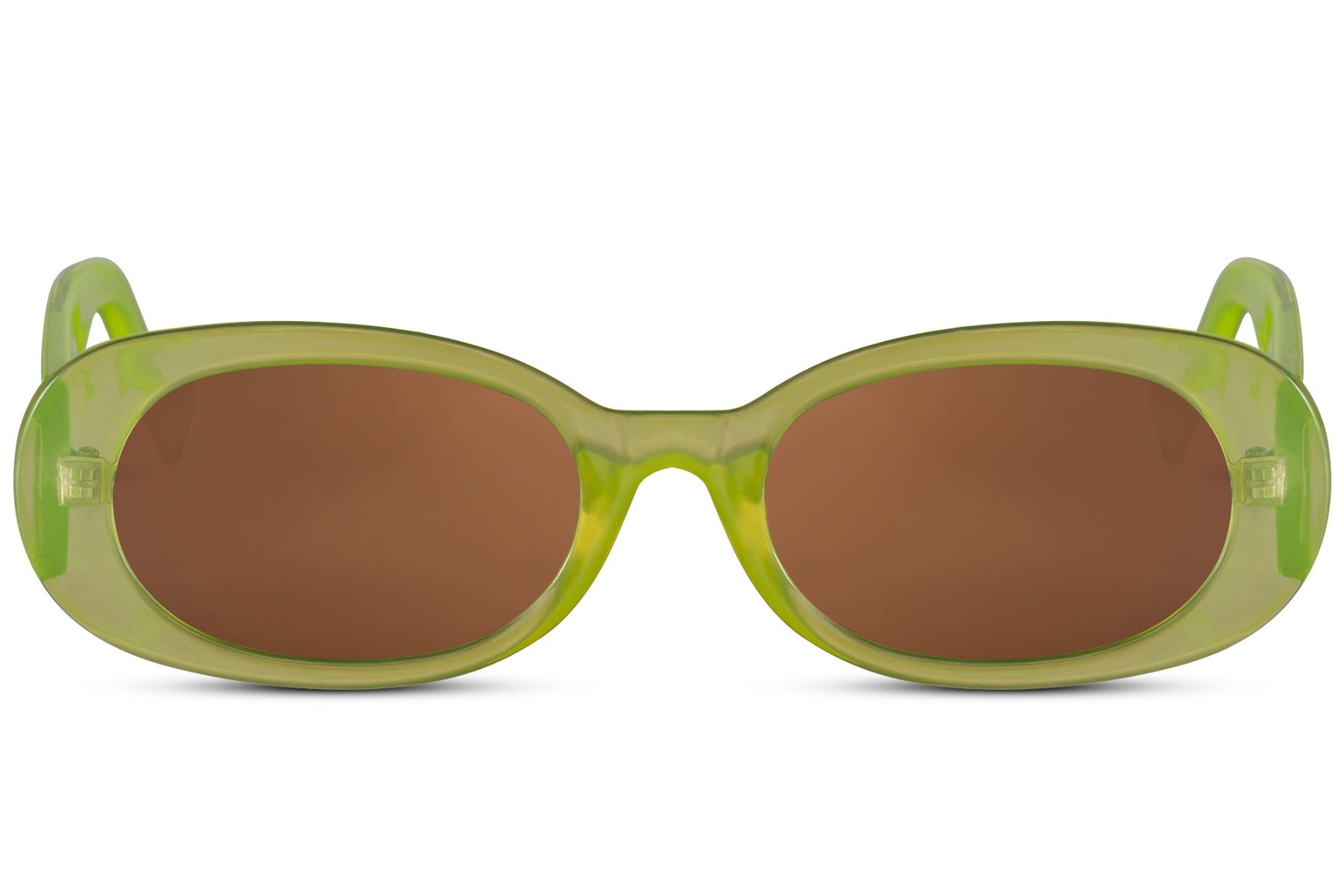 Oval trendy sunglasses for women with lime green polycarbonate frame and amber brown UV protection lens – bold retro Y2K round shades for festivals and going out, free delivery across UK and Europe from Sunglass Station
