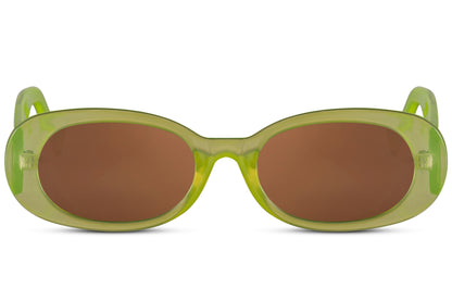 Oval trendy sunglasses for women with lime green polycarbonate frame and amber brown UV protection lens – bold retro Y2K round shades for festivals and going out, free delivery across UK and Europe from Sunglass Station

