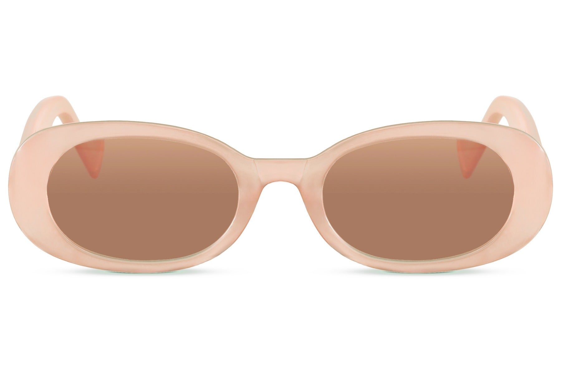 Oval trendy sunglasses for women with pink nude polycarbonate frame and amber brown UV protection lens – chic retro round shades for everyday wear and summer holidays, Sunglass Station free UK and Europe shipping