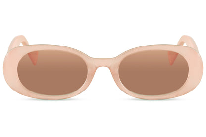 Oval trendy sunglasses for women with pink nude polycarbonate frame and amber brown UV protection lens – chic retro round shades for everyday wear and summer holidays, Sunglass Station free UK and Europe shipping