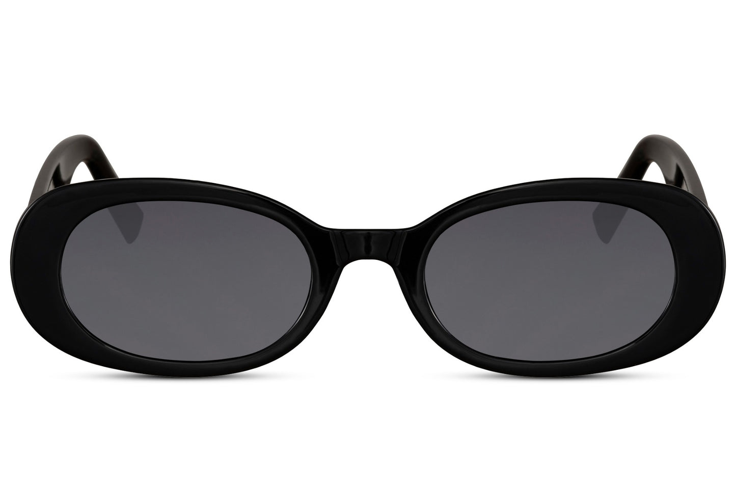 Oval trendy sunglasses for women with black polycarbonate frame and black smoke UV protection lens – sleek minimalist retro round shades for going out and urban street style, Sunglass Station free UK and Europe delivery