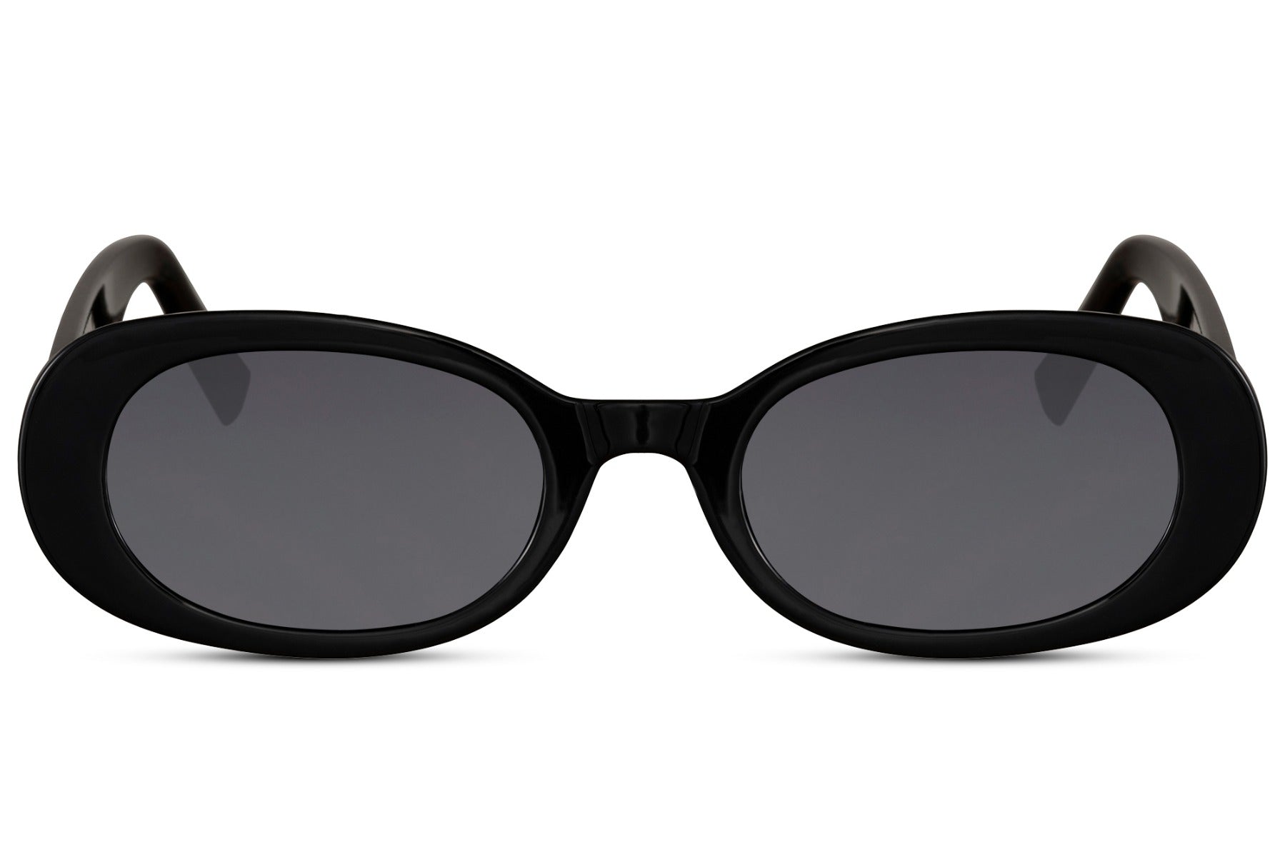 Oval trendy sunglasses for women with black polycarbonate frame and black smoke UV protection lens – sleek minimalist retro round shades for going out and urban street style, Sunglass Station free UK and Europe delivery
