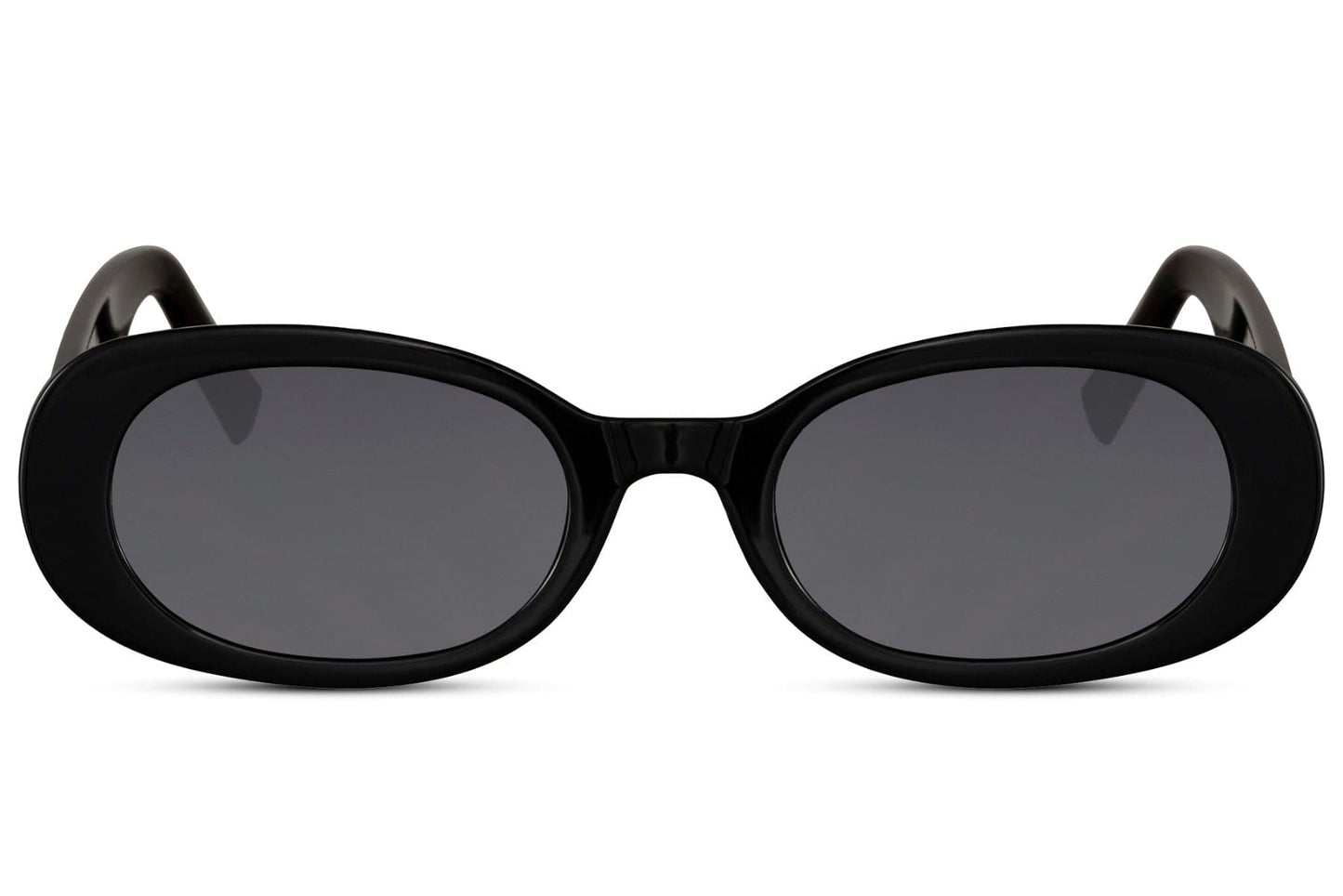 Oval trendy sunglasses for women with black polycarbonate frame and smoke UV protection lens – sharp minimalist retro round shades for street style and everyday wear, Sunglass Station free UK and Europe shipping