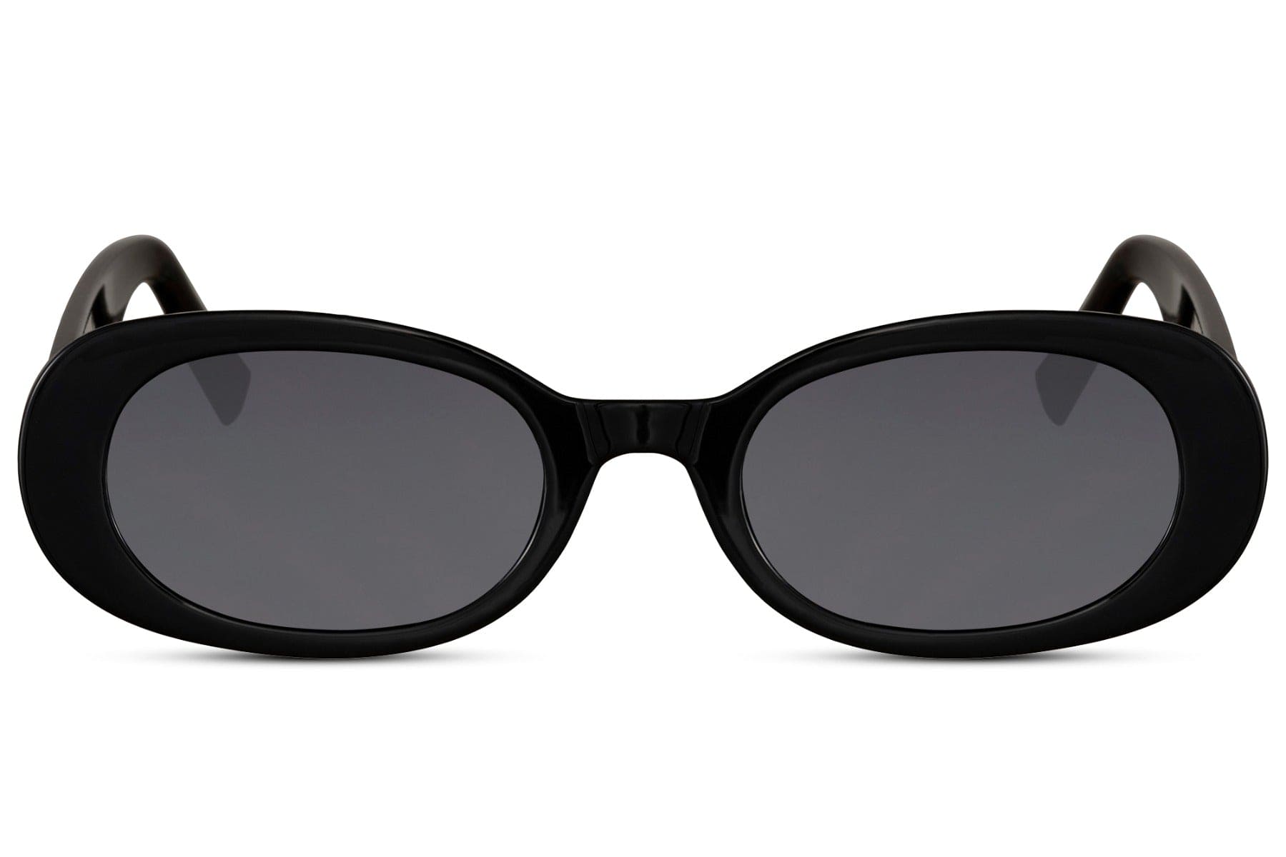 Oval trendy sunglasses for women with black polycarbonate frame and smoke UV protection lens – sharp minimalist retro round shades for street style and everyday wear, Sunglass Station free UK and Europe shipping