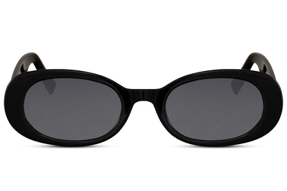 Oval trendy sunglasses for women with black polycarbonate frame and smoke UV protection lens – sharp minimalist retro round shades for street style and everyday wear, Sunglass Station free UK and Europe shipping