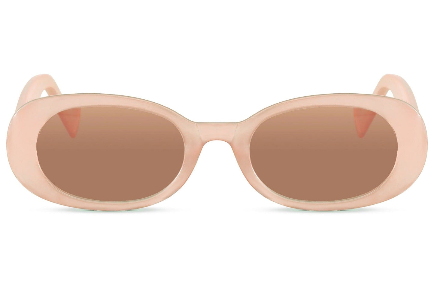 Oval trendy sunglasses for women with pink nude polycarbonate frame and blush pink UV protection lens – chic barely-there retro round shades for festivals and summer holidays, Sunglass Station free UK and Europe delivery
