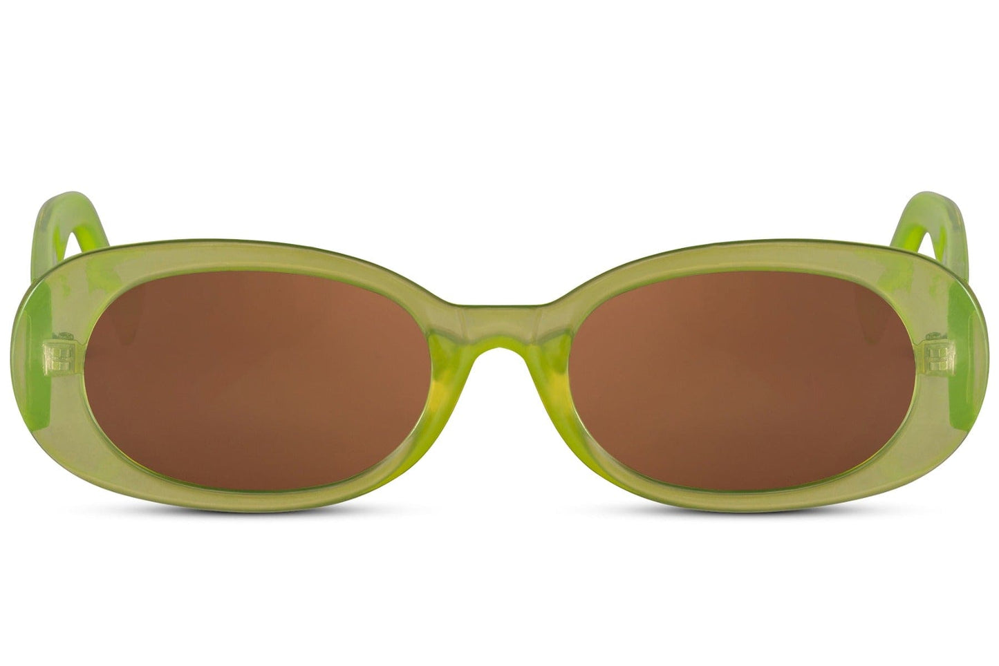 Oval trendy sunglasses for women with lime green polycarbonate frame and amber UV protection lens – bold Y2K retro round shades for festivals and going out, free delivery across UK and Europe from Sunglass Station