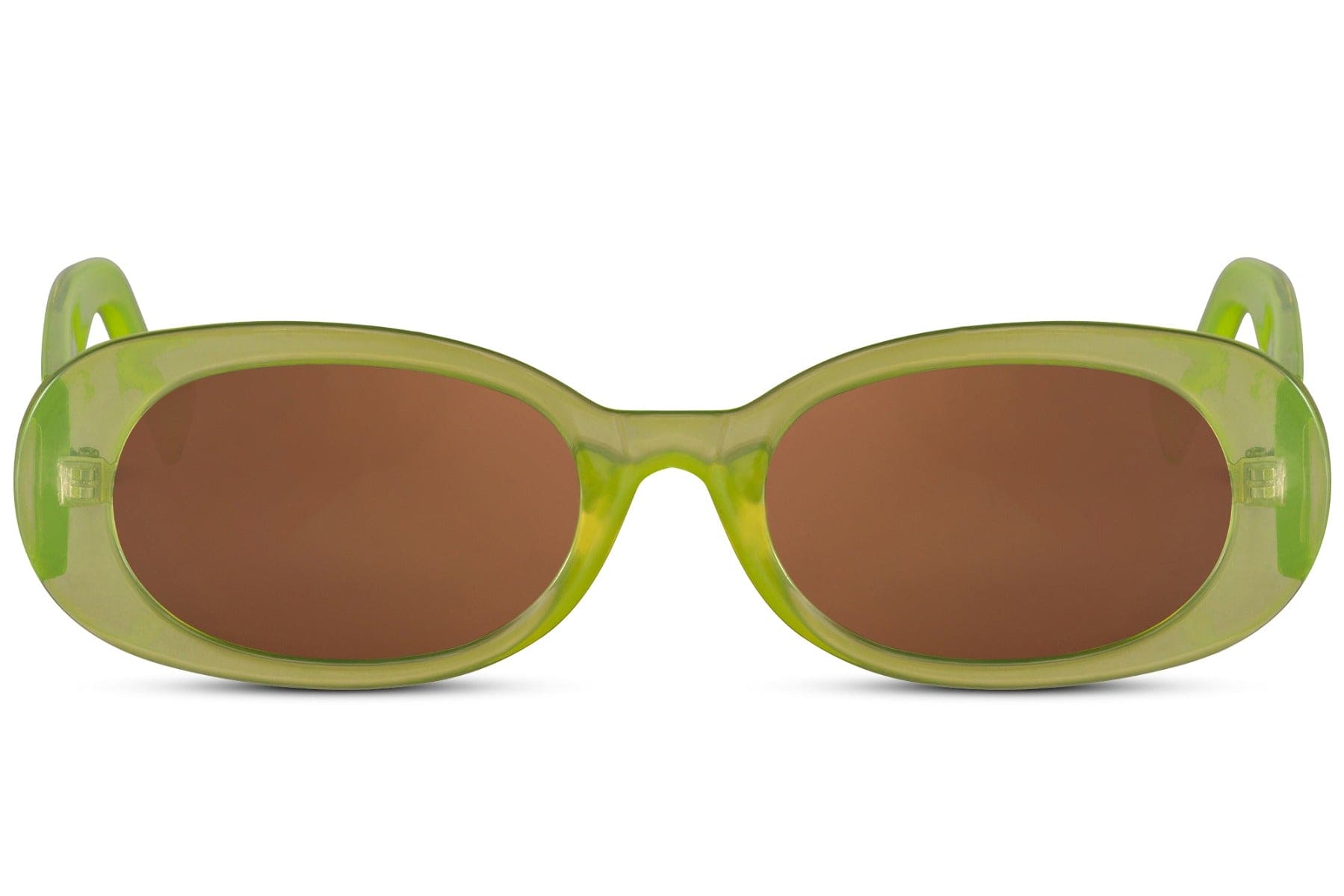Oval trendy sunglasses for women with lime green polycarbonate frame and amber UV protection lens – bold Y2K retro round shades for festivals and going out, free delivery across UK and Europe from Sunglass Station