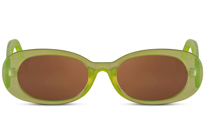 Oval trendy sunglasses for women with lime green polycarbonate frame and amber UV protection lens – bold Y2K retro round shades for festivals and going out, free delivery across UK and Europe from Sunglass Station