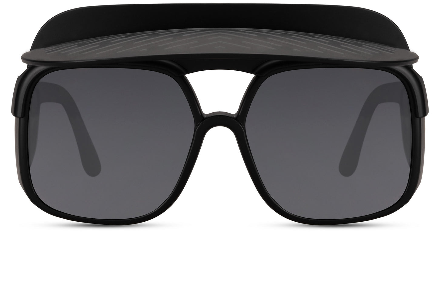 Black oversized funky party shades with dark smoke lens and flat brow bar — the shield silhouette stripped back to its most essential form, bold unisex statement eyewear for festivals and night-out dressing, free delivery UK & Europe