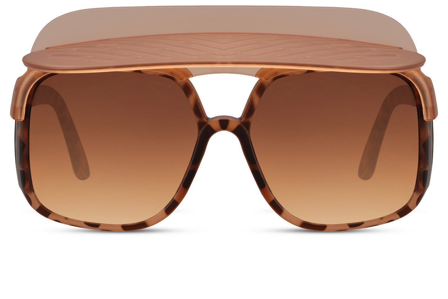 Brown tortoiseshell oversized funky party shades with amber lens — warm 70s Riviera glamour in a bold shield frame, the amber brow bar silhouette that belongs on a Saint-Tropez terrace or a Glastonbury hill, UV400 polycarbonate
