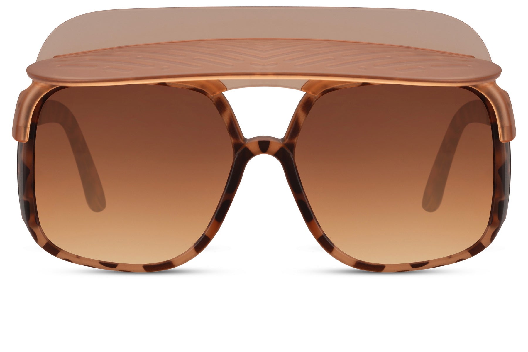 Brown tortoiseshell oversized funky party shades with amber lens — warm 70s Riviera glamour in a bold shield frame, the amber brow bar silhouette that belongs on a Saint-Tropez terrace or a Glastonbury hill, UV400 polycarbonate
