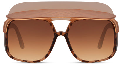 Brown tortoiseshell oversized funky party shades with amber lens — warm 70s Riviera glamour in a bold shield frame, the amber brow bar silhouette that belongs on a Saint-Tropez terrace or a Glastonbury hill, UV400 polycarbonate
