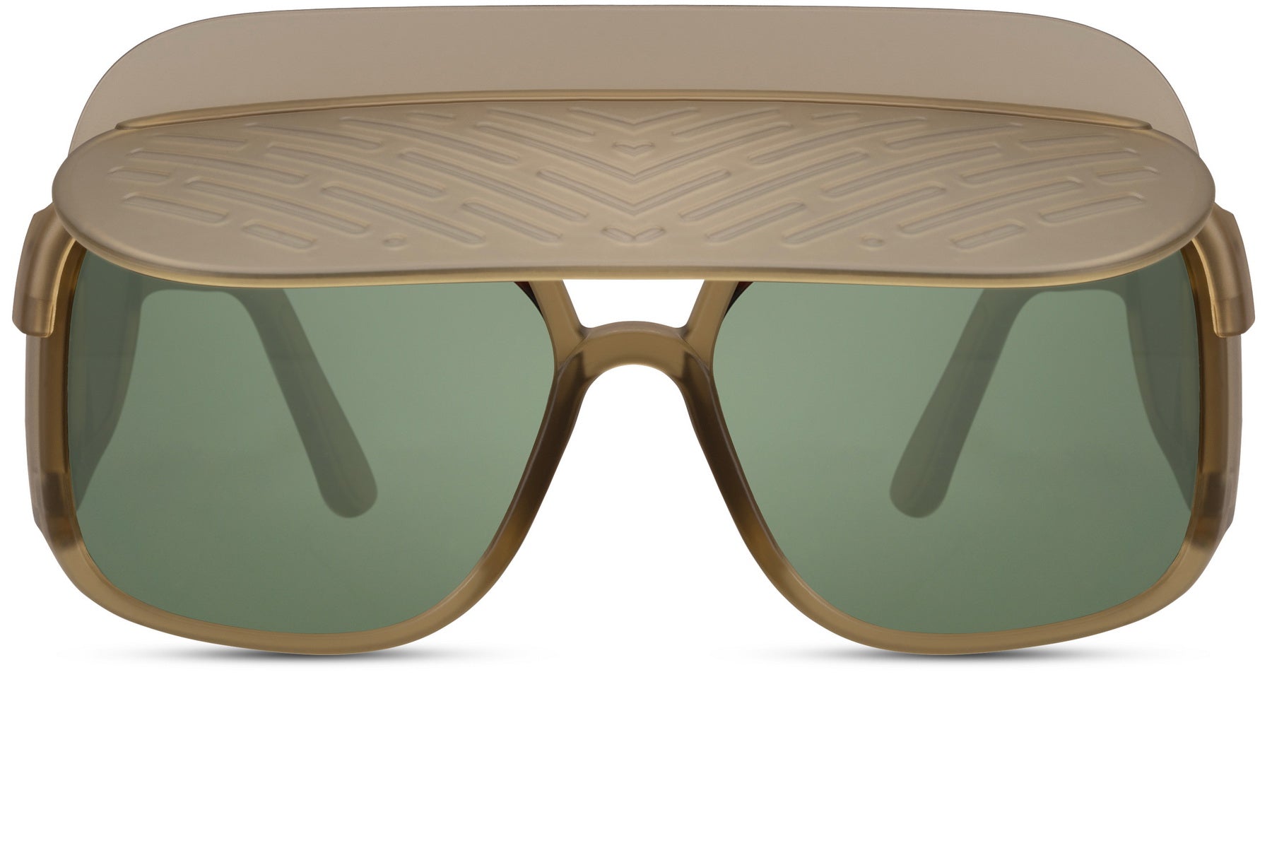 Olive frame oversized funky party shades with green tinted lens — earthy retro shield silhouette for men and women, the brow bar frame that references 70s European fashion and lands perfectly in 2026 festival streetwear | Sunglass Station