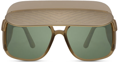 Olive frame oversized funky party shades with green tinted lens — earthy retro shield silhouette for men and women, the brow bar frame that references 70s European fashion and lands perfectly in 2026 festival streetwear | Sunglass Station