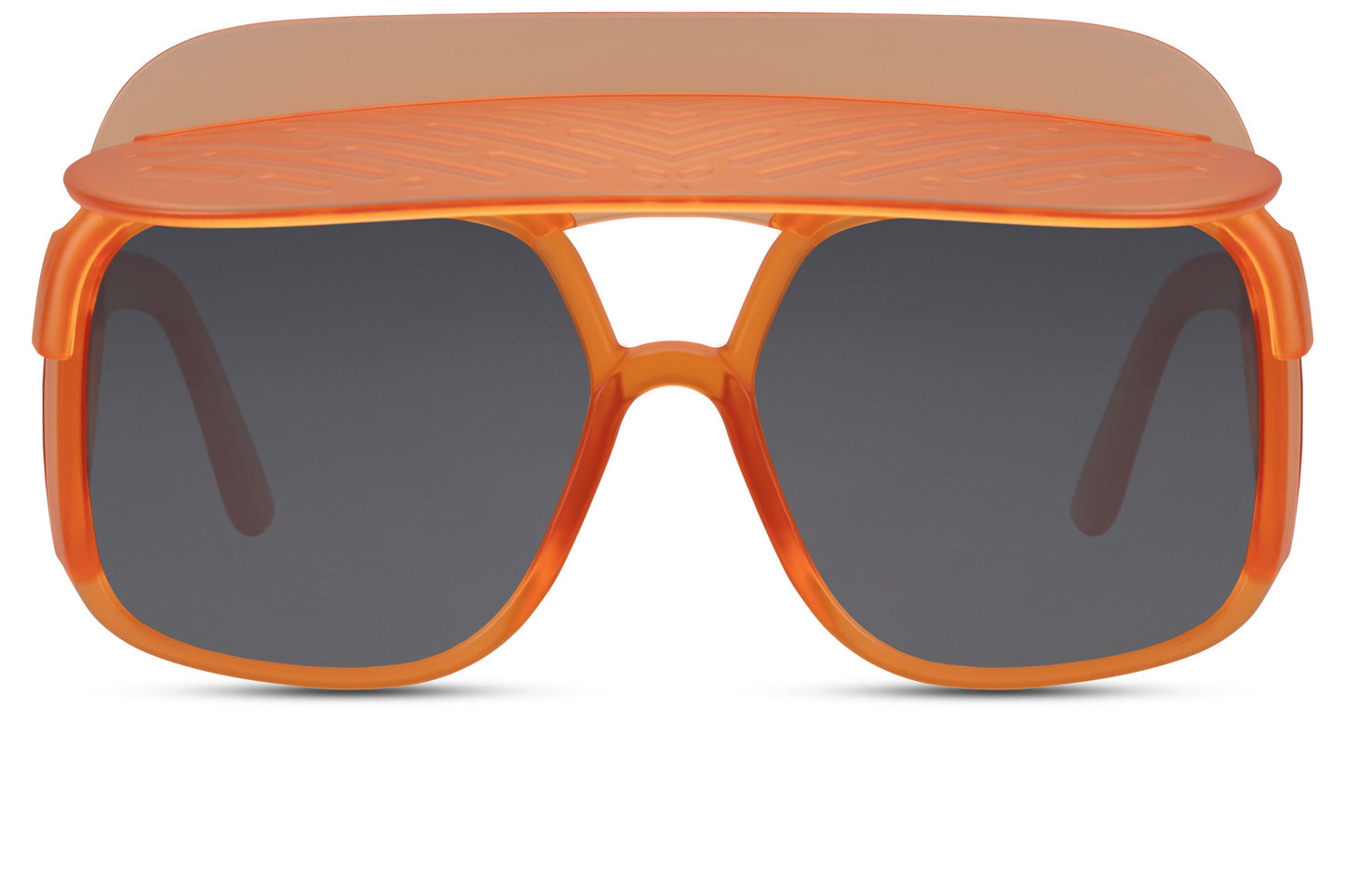 Orange frame oversized funky party shades with flat brow bar shield — bold 70s-coded statement eyewear in polycarbonate, 7cm tall lens with architectural top bar, the frame that reads Ibiza disco and festival main stage simultaneously, UV400