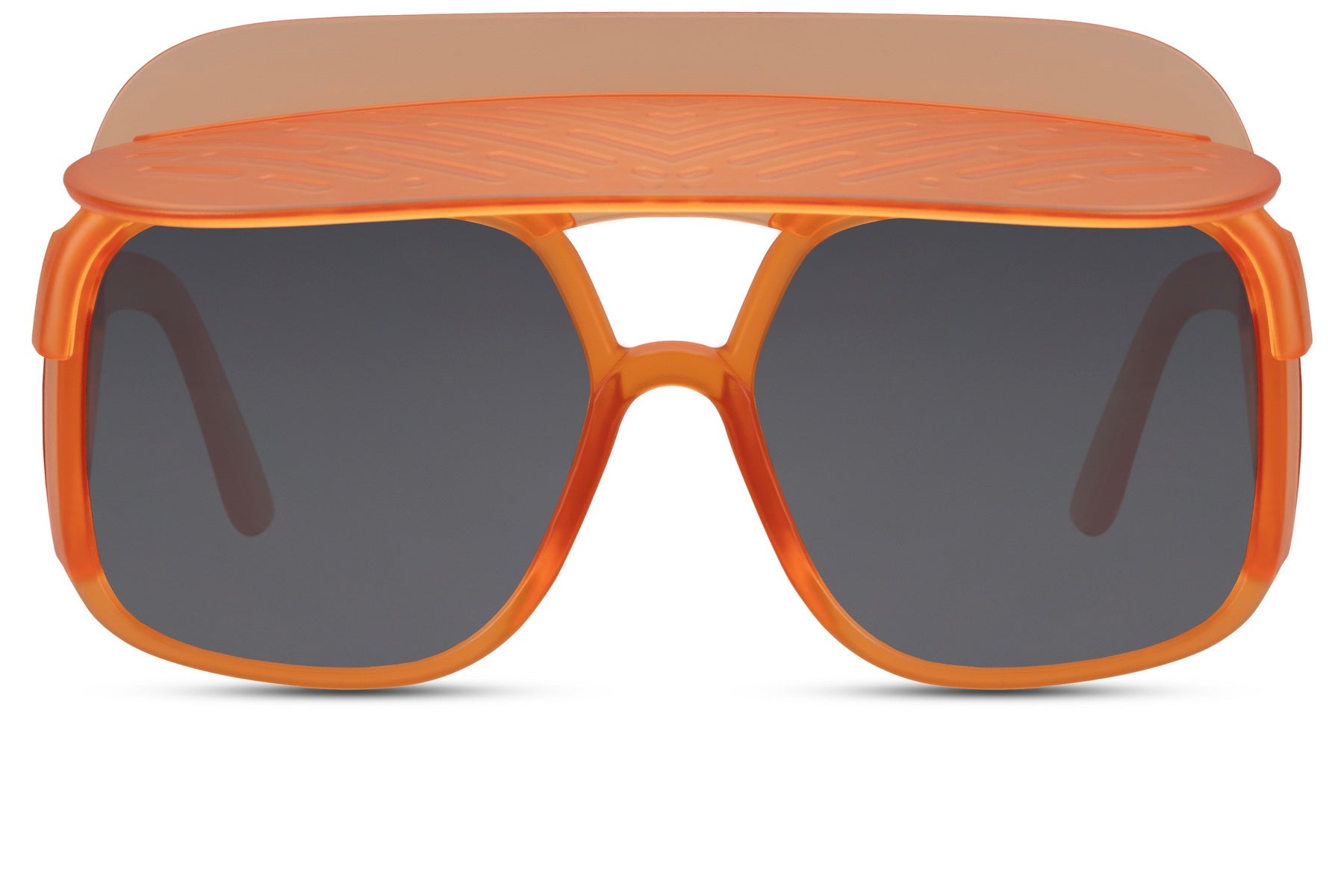 Orange frame oversized funky party shades with flat brow bar shield — bold 70s-coded statement eyewear in polycarbonate, 7cm tall lens with architectural top bar, the frame that reads Ibiza disco and festival main stage simultaneously, UV400