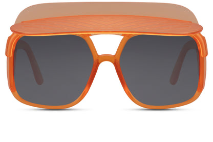 Orange frame oversized funky party shades with flat brow bar shield — bold 70s-coded statement eyewear in polycarbonate, 7cm tall lens with architectural top bar, the frame that reads Ibiza disco and festival main stage simultaneously, UV400