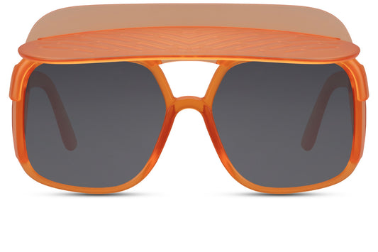 Orange frame oversized funky party shades with flat brow bar shield — bold 70s-coded statement eyewear in polycarbonate, 7cm tall lens with architectural top bar, the frame that reads Ibiza disco and festival main stage simultaneously, UV400