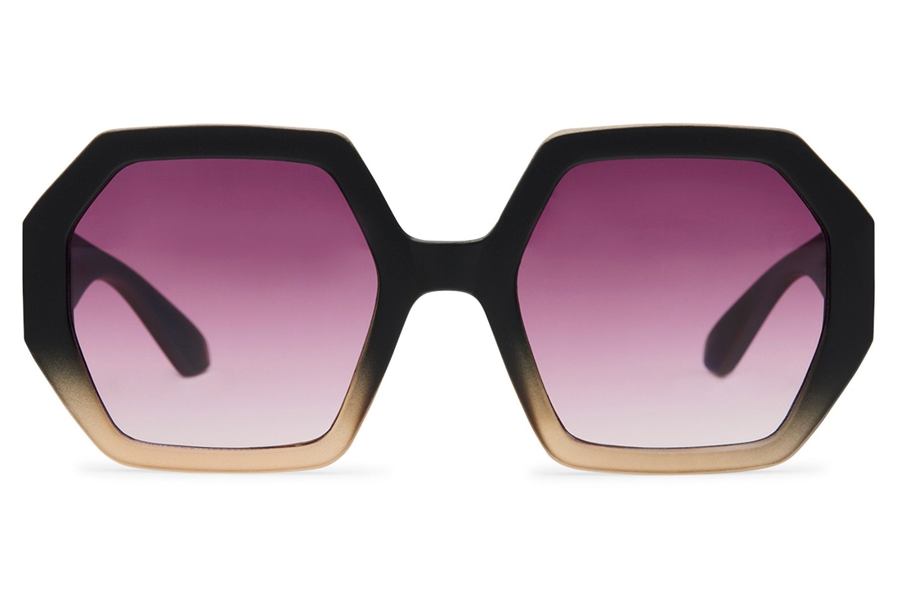 Black and gold two-tone oversized geometric party sunglasses with rose gradient lens — old-money maximalism for women, the hexagonal frame that reads Mykonos yacht deck and Notting Hill Carnival in equal measure