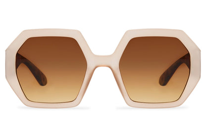 Cream and brown two-tone oversized geometric party sunglasses with warm brown lens — tonal quiet luxury in a bold hexagonal frame, the softer maximalism for women who want presence without noise, free delivery UK & Europe
