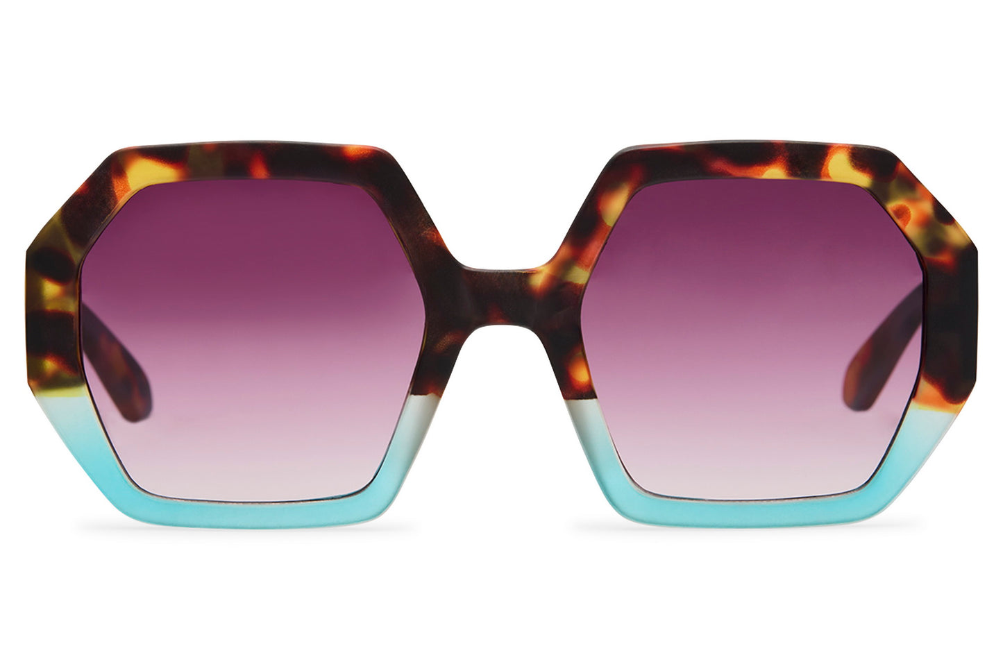 Oversized geometric party sunglasses in tortoiseshell and teal two-tone frame with rose gradient lens — maximalist women's eyewear with a 7cm deep lens, the kind of frame that owns a room before you say a word, UV400 protection