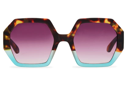 teal and tortoiseshell oversized geometric party sunglasses — dramatic hexagonal silhouette with gradient rose lens, free delivery across UK & Europe, polycarbonate UV400 protection