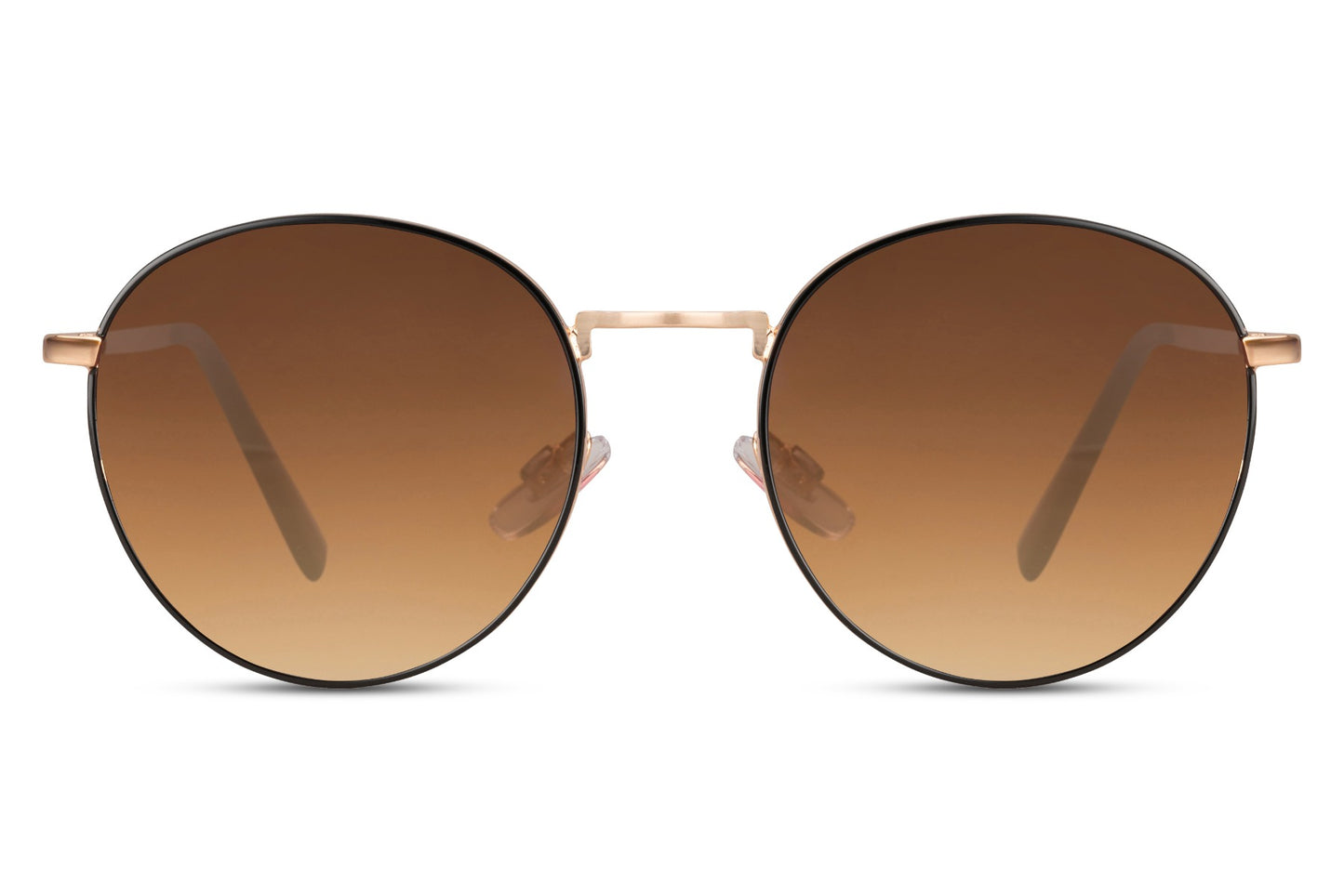 Oversized round tinted sunglasses rose gold metal frame warm brown cognac polycarbonate lens UV400 protection men women elegant retro glamorous summer holiday city brunch free UK Europe shipping Sunglass Station