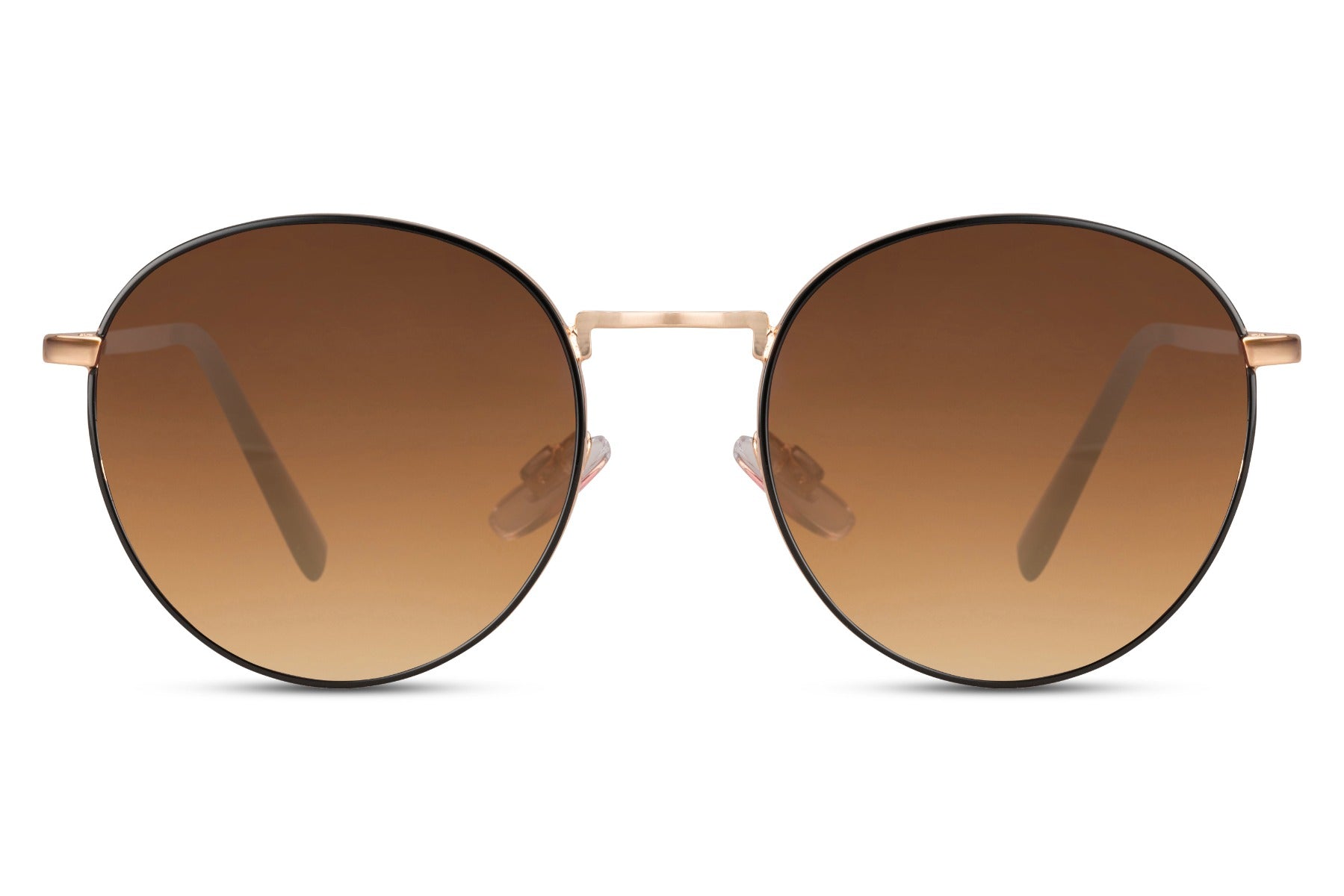 Oversized round tinted sunglasses rose gold metal frame warm brown cognac polycarbonate lens UV400 protection men women elegant retro glamorous summer holiday city brunch free UK Europe shipping Sunglass Station