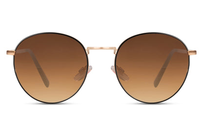 Oversized round tinted sunglasses rose gold metal frame warm brown cognac polycarbonate lens UV400 protection men women elegant retro glamorous summer holiday city brunch free UK Europe shipping Sunglass Station