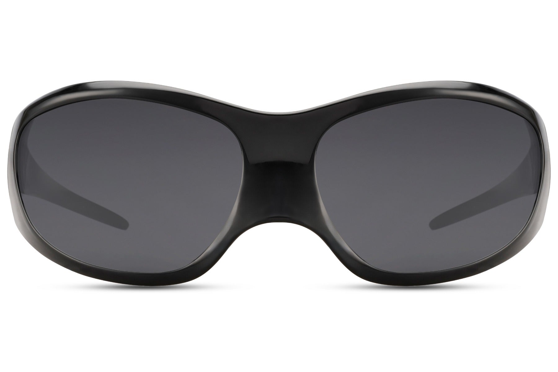 Front view of black oversized Y2K party sunglasses — 8cm of uncompromising lens coverage in bold wraparound form, the maximum presence frame for festivals, raves and anywhere that rewards going all the way, free delivery UK & Europe