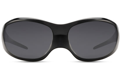 Front view of black oversized Y2K party sunglasses — 8cm of uncompromising lens coverage in bold wraparound form, the maximum presence frame for festivals, raves and anywhere that rewards going all the way, free delivery UK & Europe