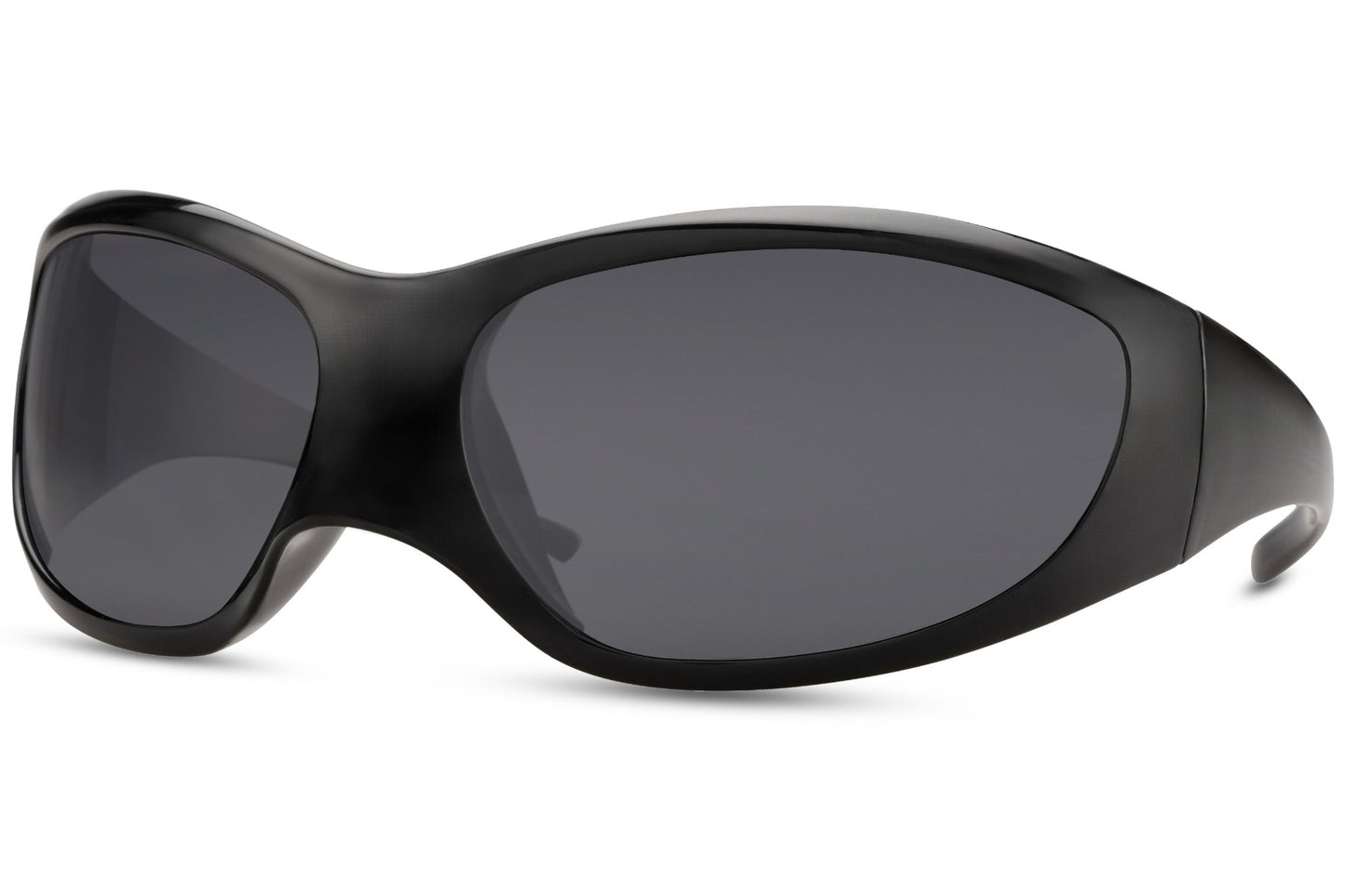 Side profile of black oversized Y2K party sunglasses — extreme wraparound coverage in lightweight polycarbonate, the retro-futurist silhouette that bridges early 2000s hip-hop culture and 2026 festival main stage | Sunglass Station