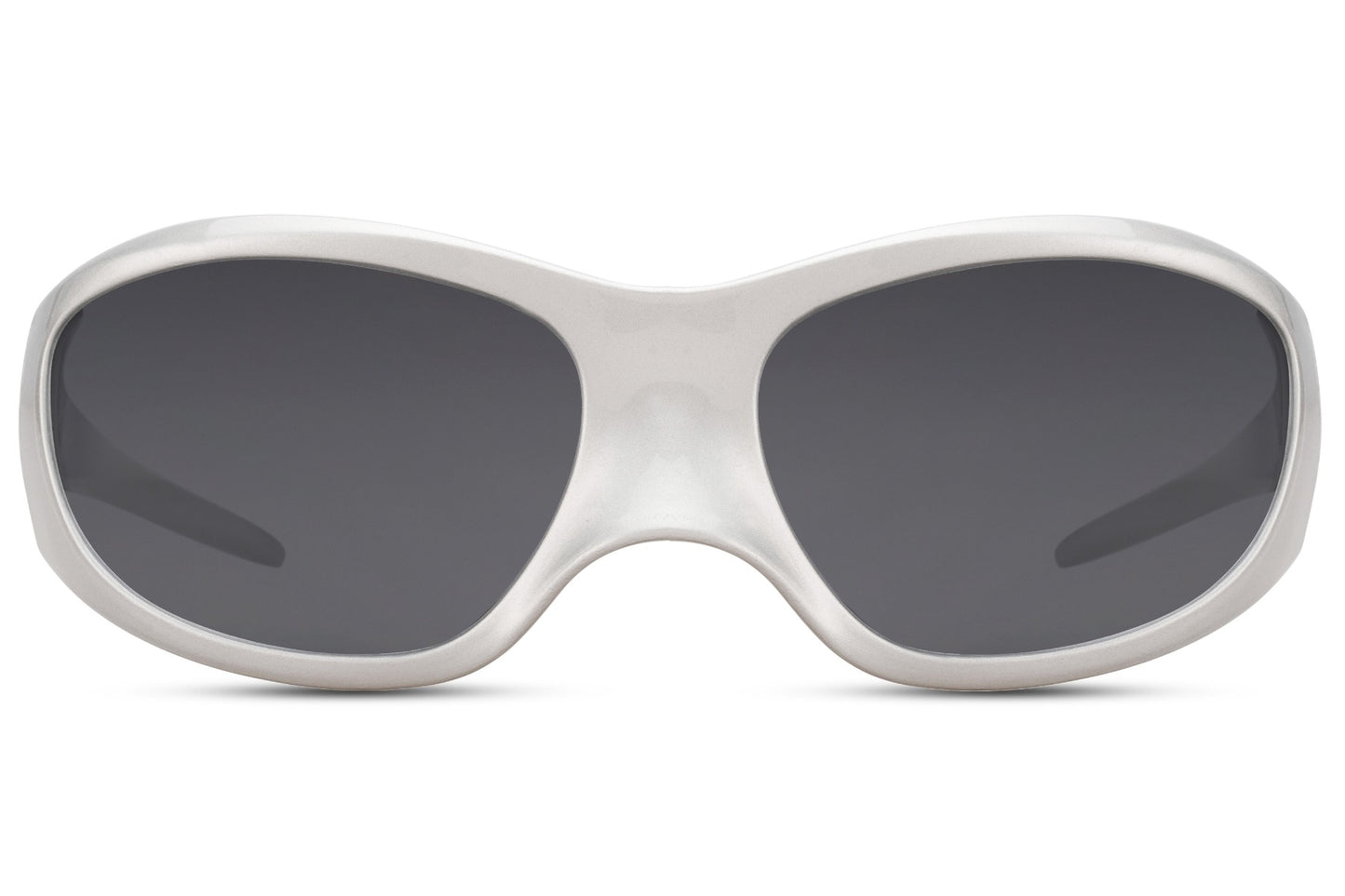 White silver frame oversized Y2K party sunglasses with dark lens — the same extreme 8cm coverage in its most striking colourway, the wraparound that reads Daft Punk energy and festival headliner simultaneously | Sunglass Station