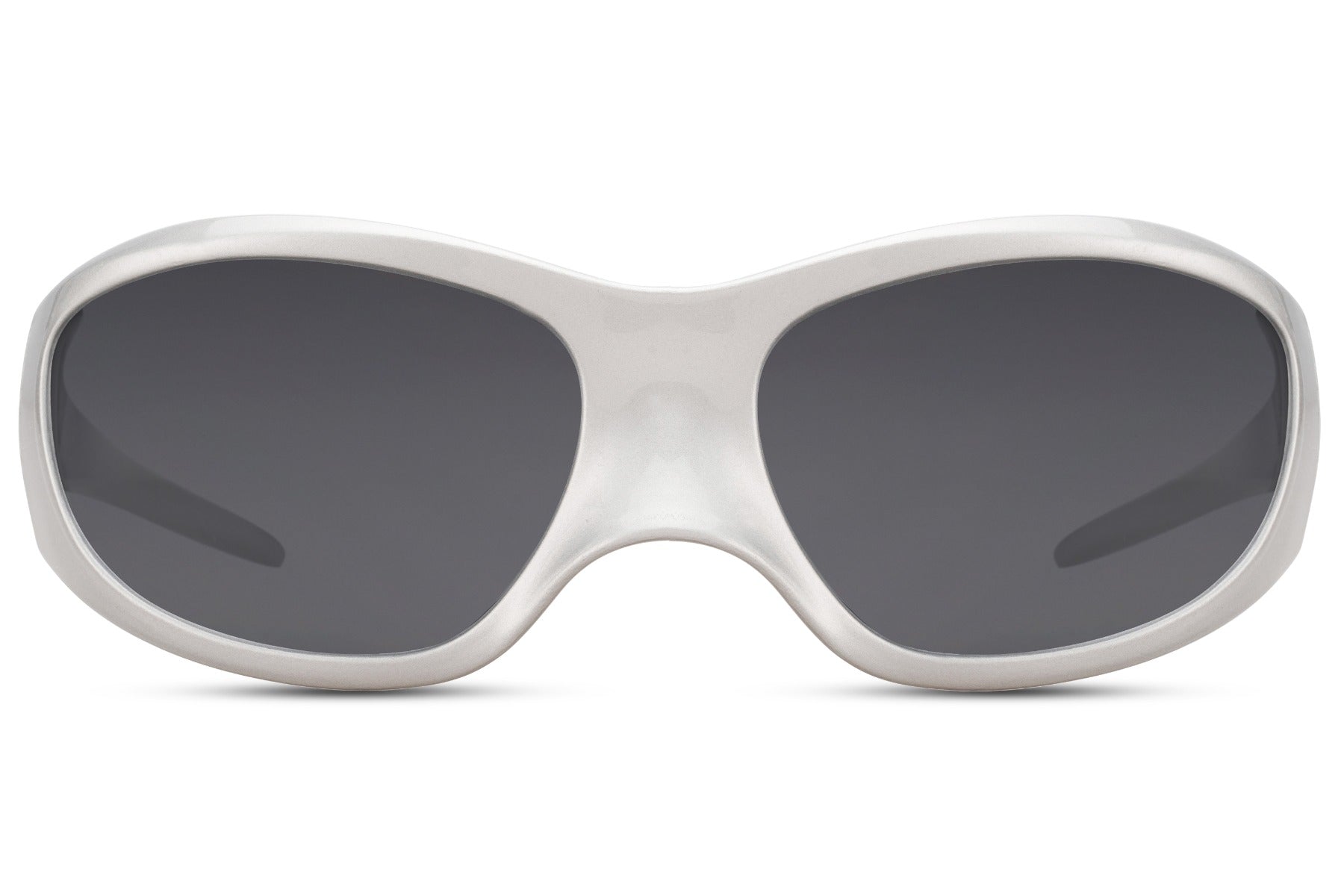 White silver frame oversized Y2K party sunglasses with dark lens — the same extreme 8cm coverage in its most striking colourway, the wraparound that reads Daft Punk energy and festival headliner simultaneously | Sunglass Station