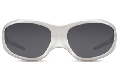White silver frame oversized Y2K party sunglasses with dark lens — the same extreme 8cm coverage in its most striking colourway, the wraparound that reads Daft Punk energy and festival headliner simultaneously | Sunglass Station