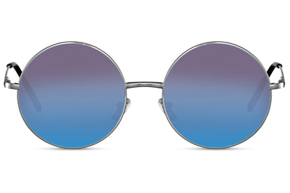 Paris tinted lens round sunglasses silver metal frame blue mirror lens 100% UV400 protection men women bold statement retro Paris street style summer beach festival city free UK Europe shipping Sunglass Station
