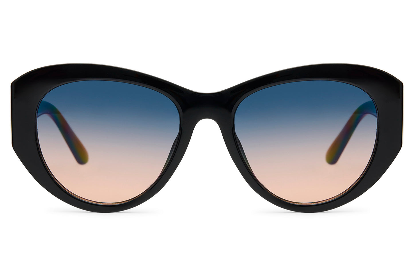 Black party cat-eye sunglasses with blue gradient translucent lens — oversized feminine silhouette that moves from a Côte d'Azur terrace to a rooftop party without missing a step | Sunglass Station