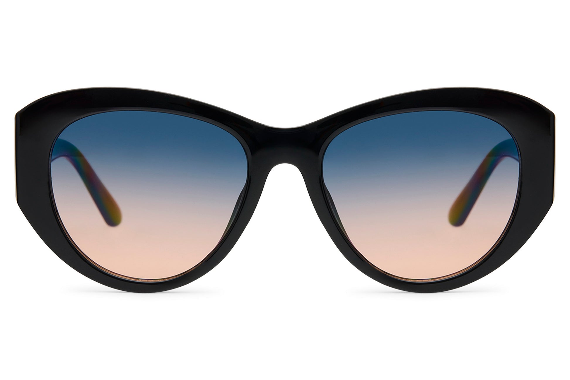 Oversized black cat-eye party sunglasses with blue to peach gradient translucent lens — old Hollywood glamour reframed for 2026, the statement silhouette for women who dress like the occasion matters, UV400 protection