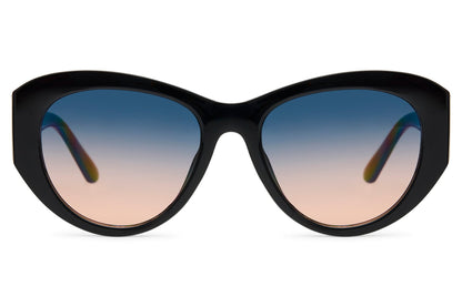 Black oversized cat-eye party sunglasses with deep smoke gradient lens — evening-ready glamour in polycarbonate, translucent lens with serious after-dark energy, free delivery UK & Europe