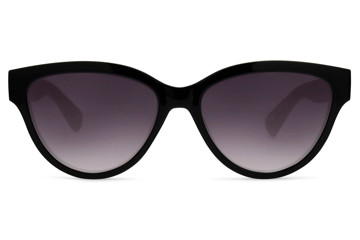 Black frame party tinted cat-eye sunglasses with purple smoke gradient lens — the silhouette that belongs on a Parisian terrace at dusk as much as a festival field at noon, UV400 recycled