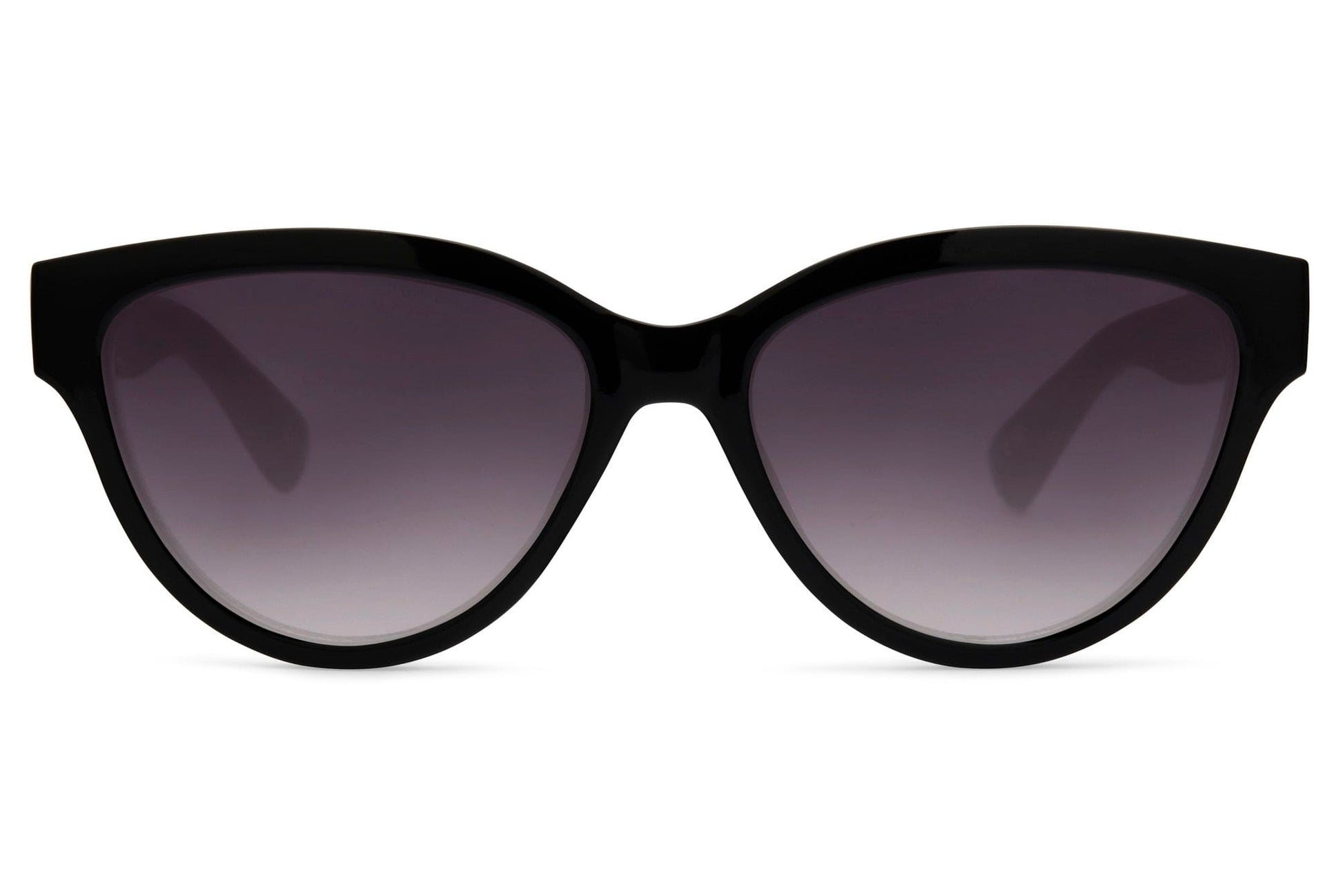 Black frame party tinted cat-eye sunglasses with purple smoke gradient lens — the silhouette that belongs on a Parisian terrace at dusk as much as a festival field at noon, UV400 recycled