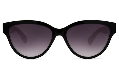 Black frame party tinted cat-eye sunglasses with purple smoke gradient lens — the silhouette that belongs on a Parisian terrace at dusk as much as a festival field at noon, UV400 recycled