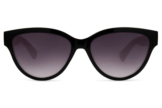 Black frame party tinted cat-eye sunglasses with purple smoke gradient lens — the silhouette that belongs on a Parisian terrace at dusk as much as a festival field at noon, UV400 recycled