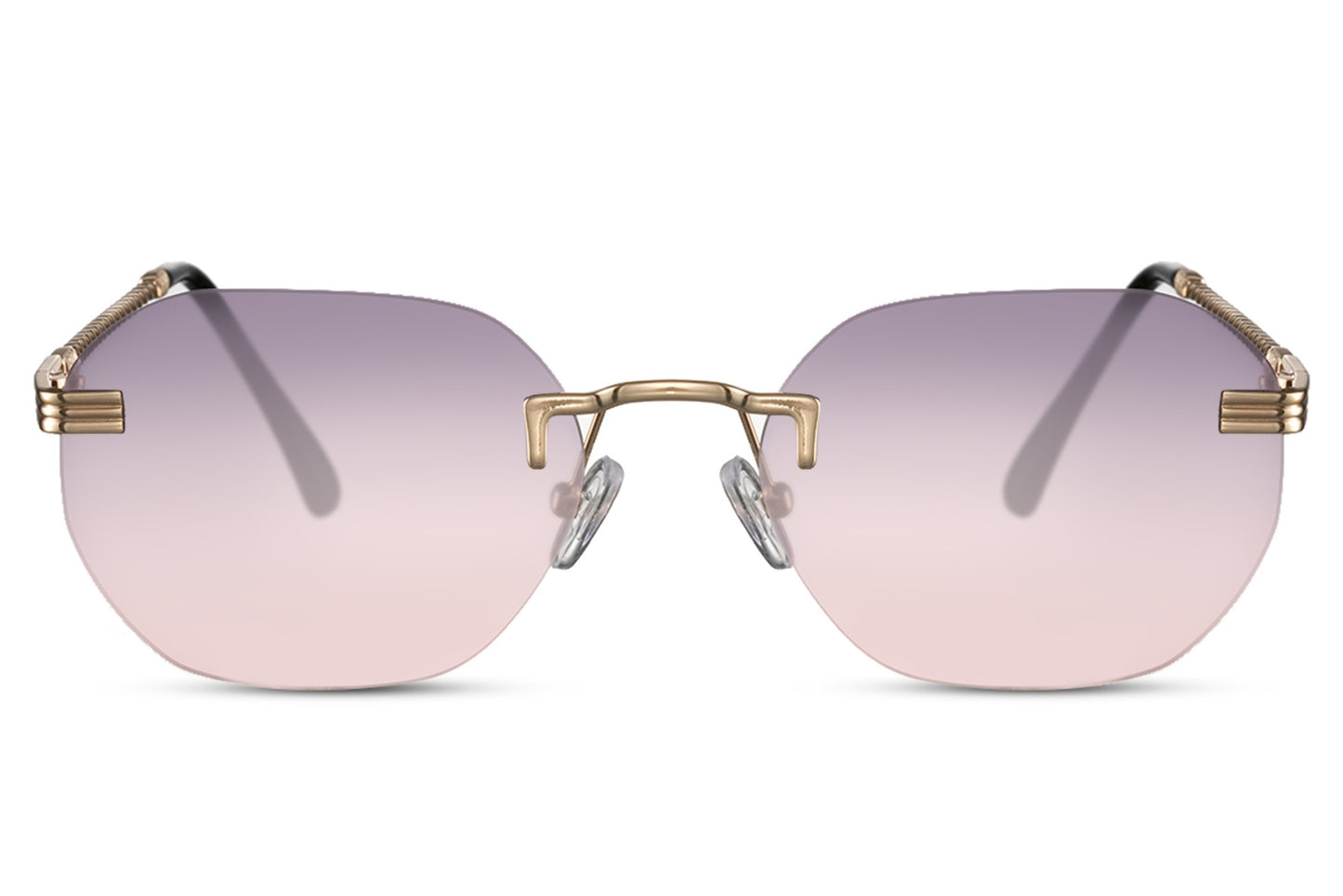 pink rimless sunglasses with metallic temple