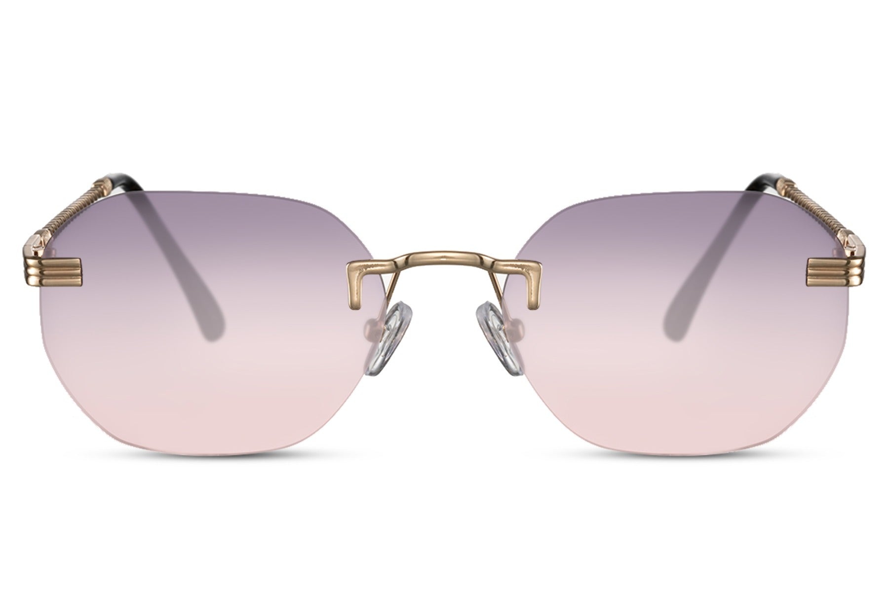pink rimless sunglasses with metallic temple