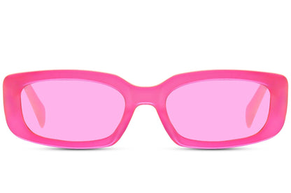 Sleek pink tinted rectangle shades by Sunglass Station, perfect for Parisian chic aesthetics.