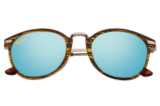A pair of blue mirrored sunglasses with an animal print design on the frame